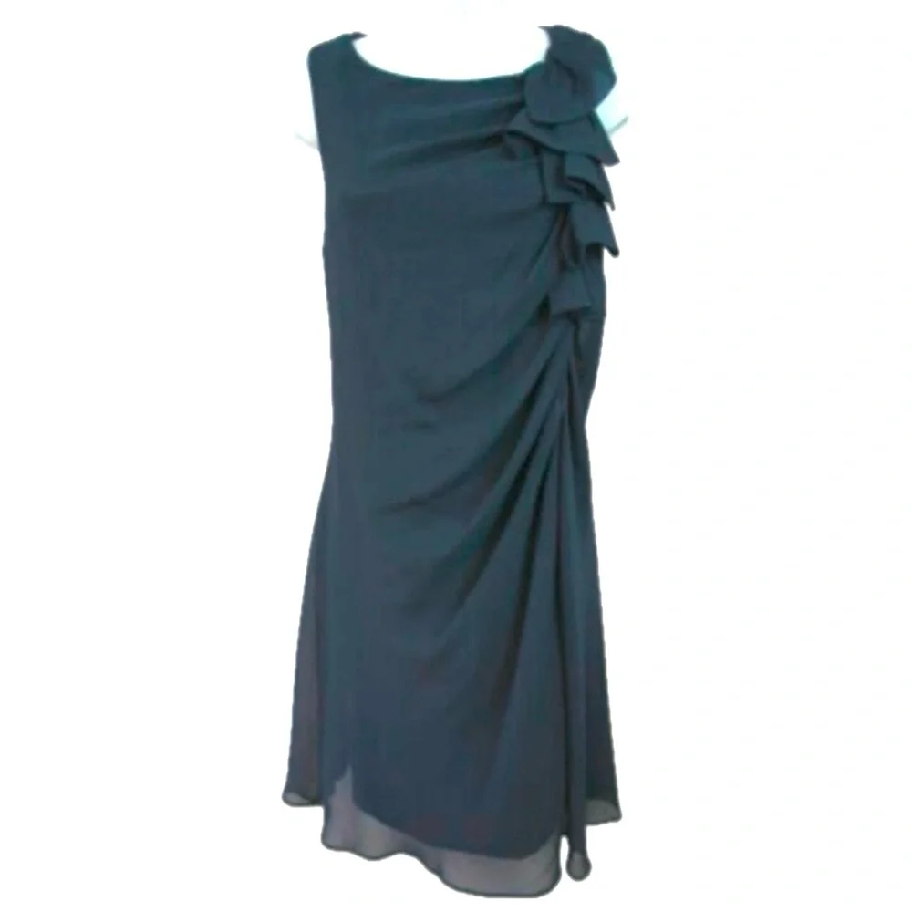 90s Asymmetrical Black Chiffon Dress – Draped Knee-Length with Shoulder Ruffle - Picture 14 of 15